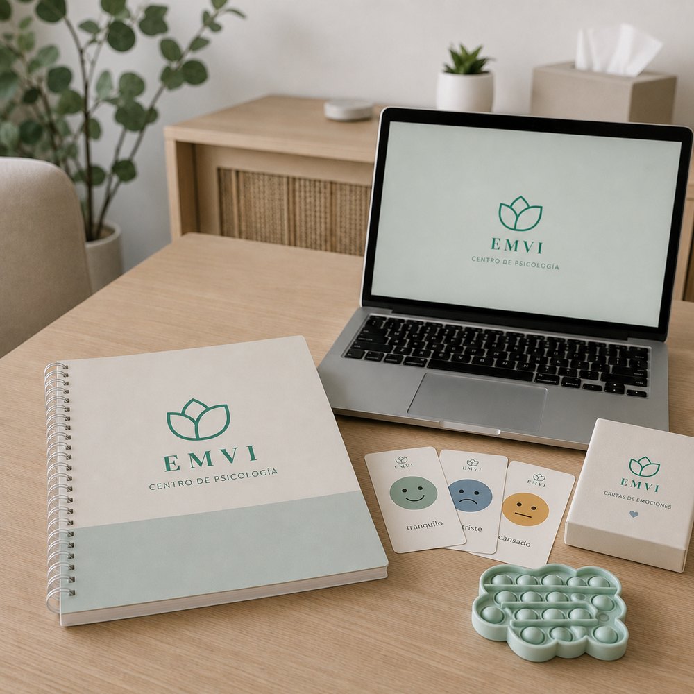 Materiales y recursos terapéuticos de EMVI: cuaderno, cartas de emociones y juego sensorial